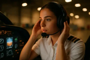 Instructor reviews AAM pilot training notes beside an electric aircraft simulator