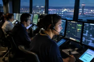 AI air traffic control display with pilots reviewing flight planning notes