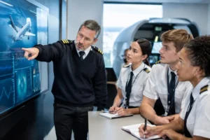 AI Pilot Training session using a simulator and instructor briefing