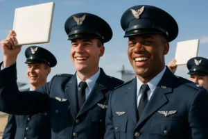Air Force pilot graduates standing near trainer aircraft on a flight line
