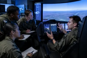 Instructor and student reviewing Air Force pilot training sortie plans in a briefing room