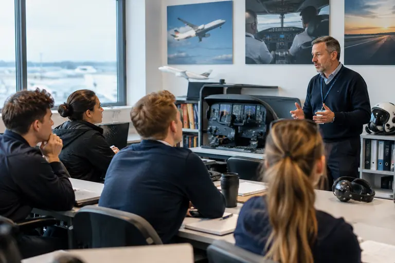 Aviation training classroom with pilots studying operational procedures