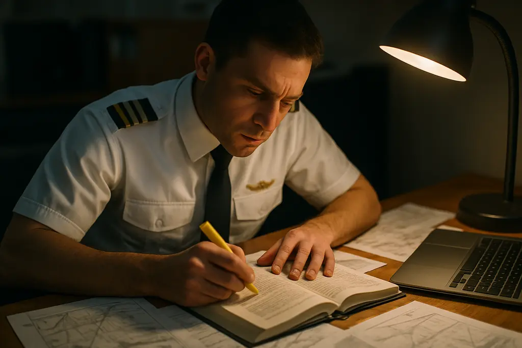 Pilot reviewing certification modernization rule notes beside a transport aircraft model