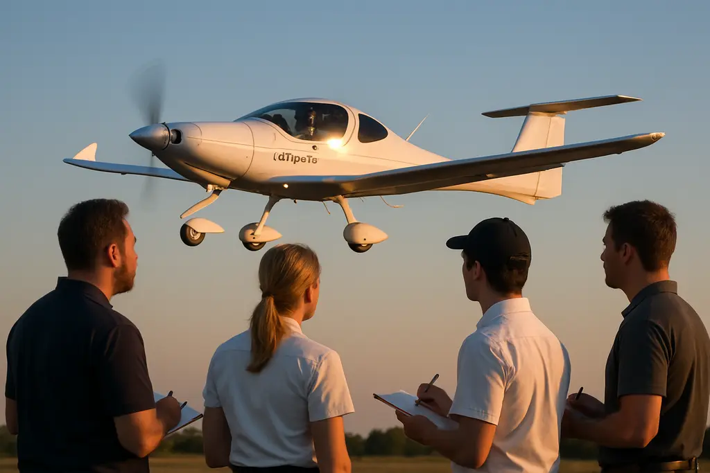 Electric training aircraft parked on a flight school ramp at sunrise