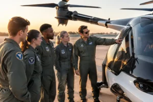 eVTOL Pilot Training briefing with electric aircraft parked near a regional airport ramp