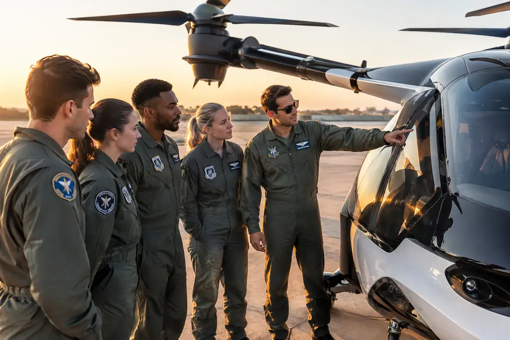 eVTOL Pilot Training briefing with electric aircraft parked near a regional airport ramp