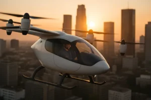 eVTOL Pilot Training session with instructor reviewing powered-lift cockpit procedures