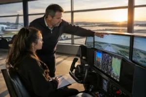 Instructor reviewing FAA Knowledge Tests chart questions with a student pilot