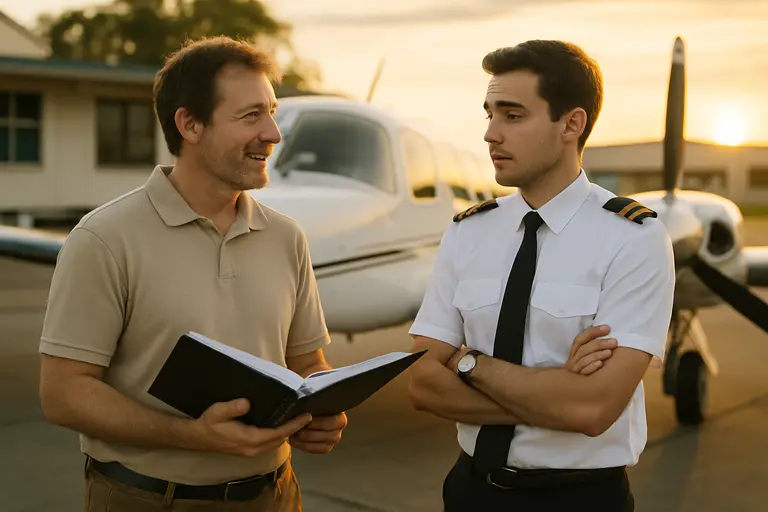Flight instructor and pilot reviewing a recurrent training checklist
