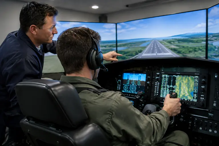 Flight instructor and student pilot reviewing a route briefing in a classroom