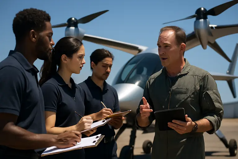 Flight instructor points to simulator controls during systems training