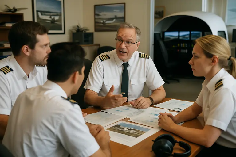 Flight instructor using a simulator session with a student during ground training