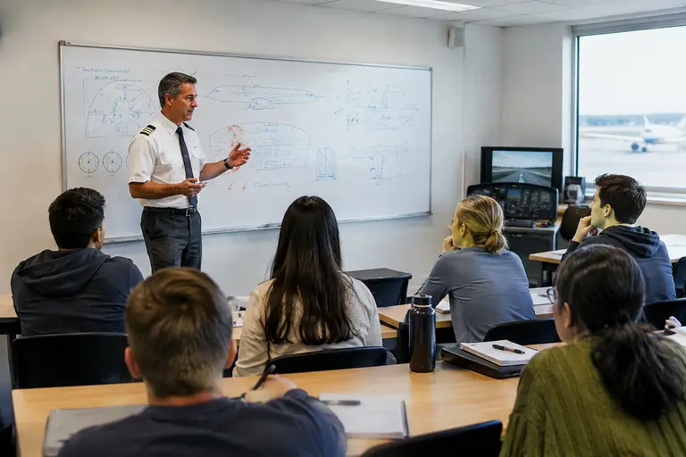 Flight school staff organizing pilot training records