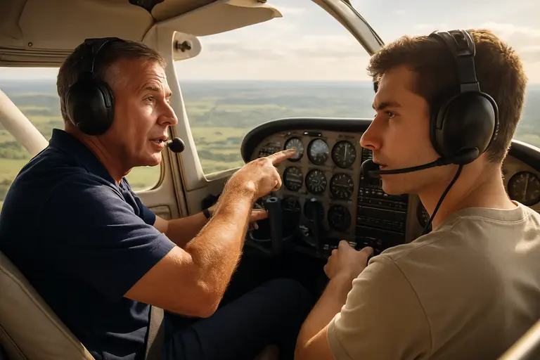 Flight student checking a logbook with an instructor at a training desk