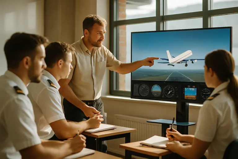 Instructor and student pilot discussing emergency procedures beside a trainer aircraft