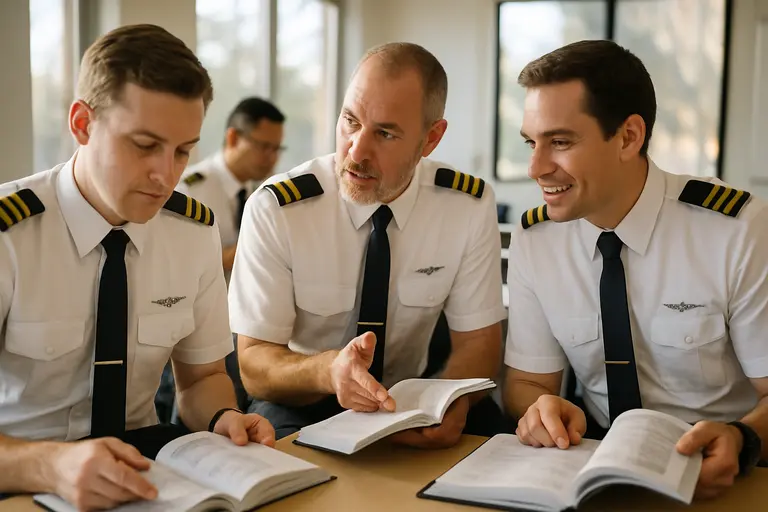 Instructor pointing to a lesson plan beside a parked training aircraft