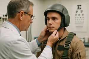 Instructor reviewing military pilot medical records with a trainee before flight training