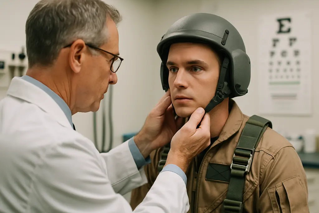Instructor reviewing military pilot medical records with a trainee before flight training
