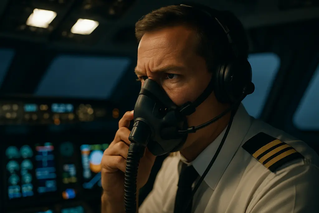Pilot practicing oxygen mask requirements in a business jet simulator