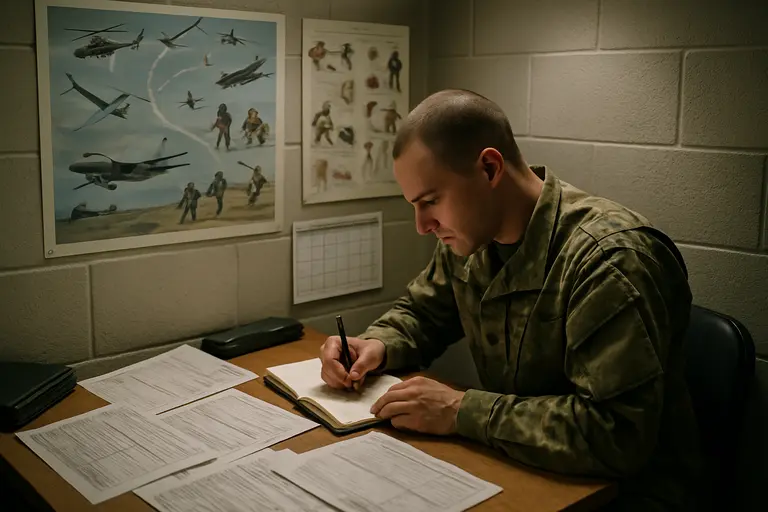 Pilot trainee reviewing documents before a flight school appointment
